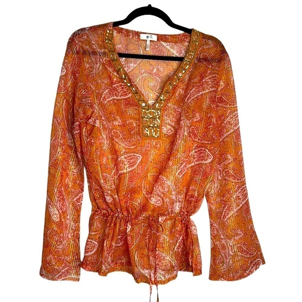 Metro 7 Rust Gold Metallic Sheer Boho Top Size Large